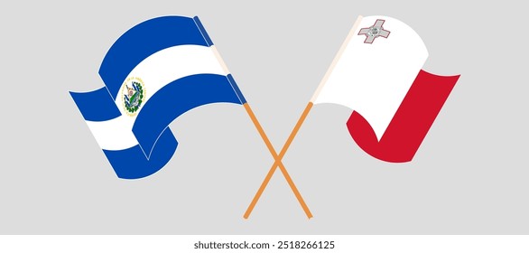 Banderas cruzadas y ondeando de la República de El Salvador y Malta. Ilustración vectorial.
