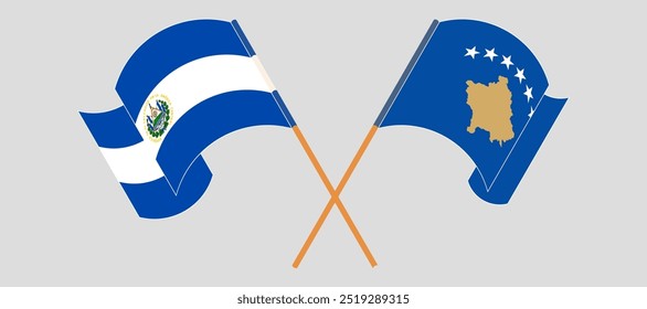 Bandeiras cruzadas e acenando da República de El Salvador e Kosovo. Ilustração vetorial.
