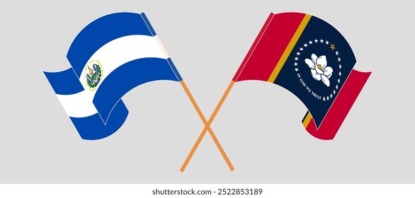 Crossed and waving flags of Republic of El Salvador and The State of Mississippi. Vector illustration.
