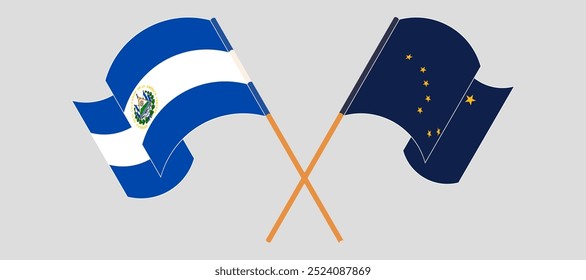 Crossed and waving flags of Republic of El Salvador and the State of Alaska. Vector illustration.
