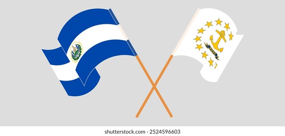 Crossed and waving flags of Republic of El Salvador and the State of Rhode Island. Vector illustration.
