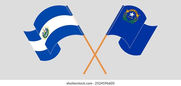 Crossed and waving flags of Republic of El Salvador and The State of Nevada. Vector illustration.
