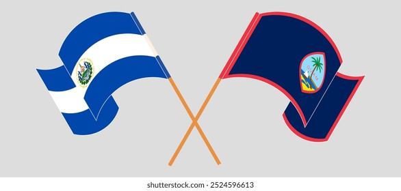 Crossed and waving flags of Republic of El Salvador and Guam. Vector illustration.
