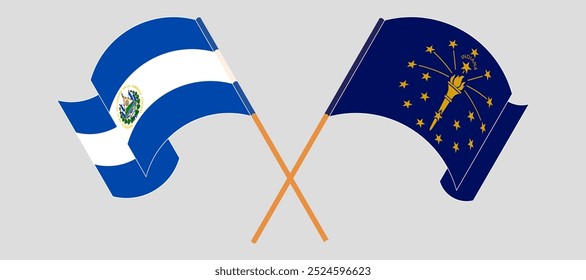 Crossed and waving flags of Republic of El Salvador and the State of Indiana. Vector illustration.
