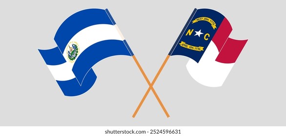 Crossed and waving flags of Republic of El Salvador and The State of North Carolina. Vector illustration.
