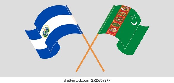 Crossed and waving flags of Republic of El Salvador and Turkmenistan. Vector illustration.
