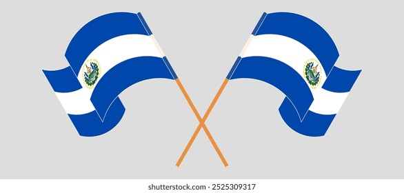 Crossed and waving flags of Republic of El Salvador. Vector illustration.
