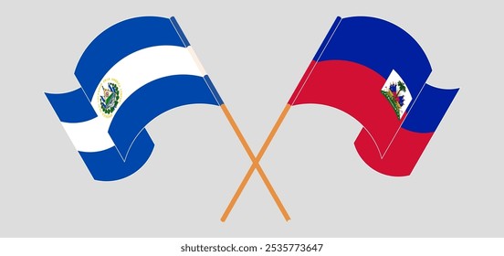 Crossed and waving flags of Republic of El Salvador and Republic of Haiti. Vector illustration.
