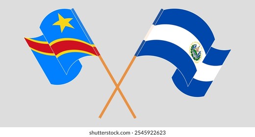 Crossed and waving flags of Republic of El Salvador and Democratic Republic of the Congo. Vector illustration.
