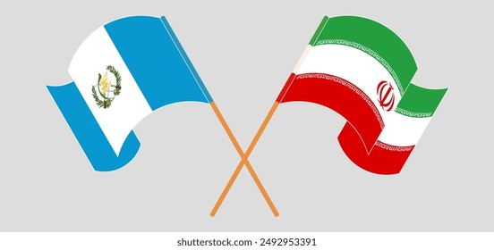 Crossed and waving flags of Republic of Guatemala and Iran. Vector illustration

