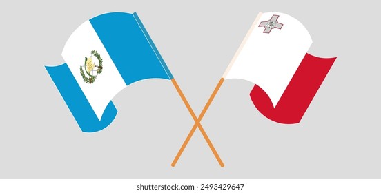 Crossed and waving flags of Republic of Guatemala and Malta. Vector illustration
