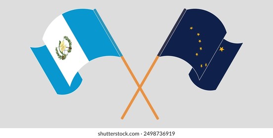 Crossed and waving flags of Republic of Guatemala and the State of Alaska. Vector illustration
