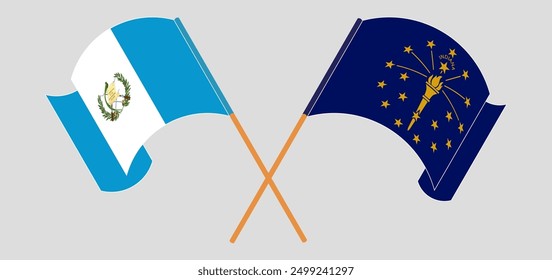 Crossed and waving flags of Republic of Guatemala and the State of Indiana. Vector illustration
