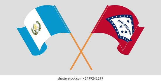 Crossed and waving flags of Republic of Guatemala and The State of Arkansas. Vector illustration
