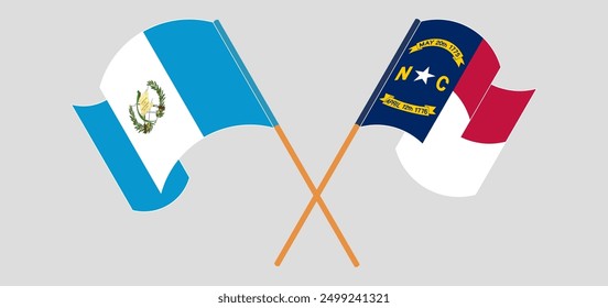 Crossed and waving flags of Republic of Guatemala and The State of North Carolina. Vector illustration
