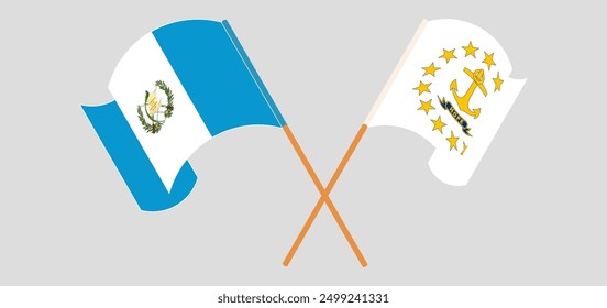 Crossed and waving flags of Republic of Guatemala and the State of Rhode Island. Vector illustration
