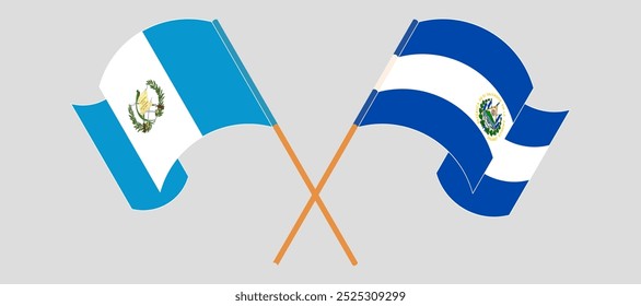 Crossed and waving flags of Republic of Guatemala and Republic of El Salvador. Vector illustration.
