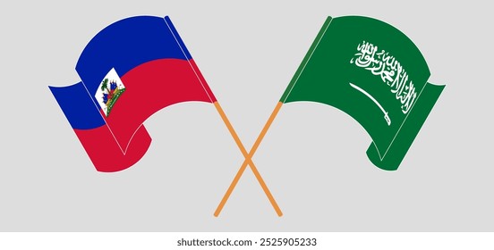 Crossed and waving flags of Republic of Haiti and Saudi Arabia. Vector illustration.
