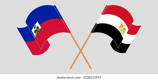 Crossed and waving flags of Republic of Haiti and Egypt. Vector illustration.
