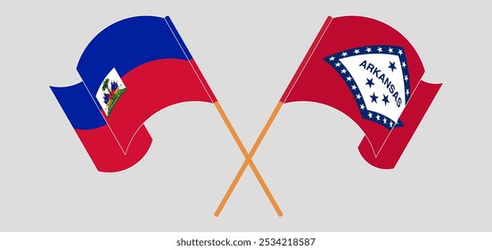 Crossed and waving flags of Republic of Haiti and The State of Arkansas. Vector illustration.
