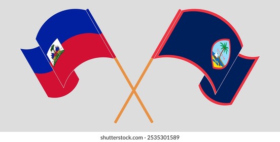 Crossed and waving flags of Republic of Haiti and Guam. Vector illustration.
