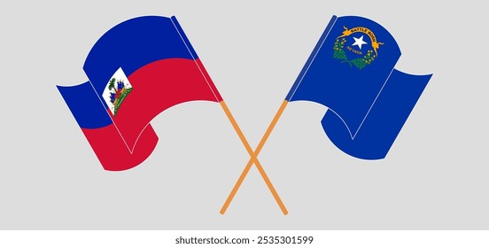 Crossed and waving flags of Republic of Haiti and The State of Nevada. Vector illustration.
