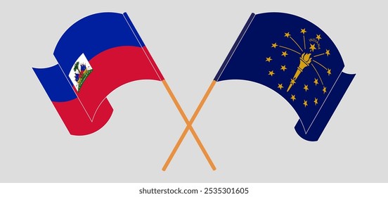 Crossed and waving flags of Republic of Haiti and the State of Indiana. Vector illustration.
