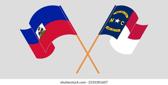 Crossed and waving flags of Republic of Haiti and The State of North Carolina. Vector illustration.
