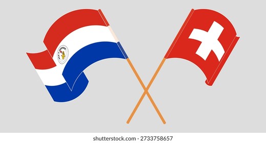 Crossed and waving flags of Republic of Paraguay and Switzerland. Vector illustration.
