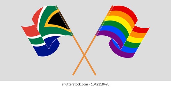 Crossed and waving flags of Republic of South Africa and LGBTQ