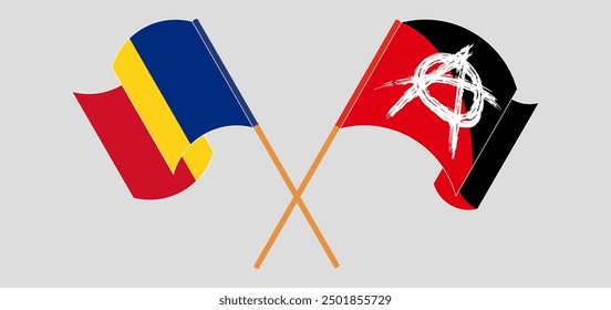 Banderas cruzadas y ondeando de Rumania y la anarquía. Ilustración vectorial
