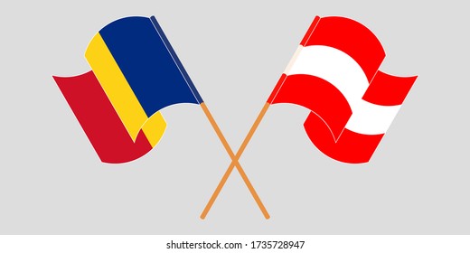 Crossed and waving flags of Romania and Austria