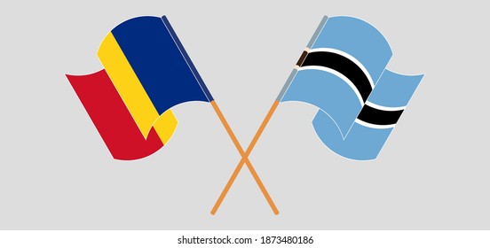 Crossed and waving flags of Romania and Botswana