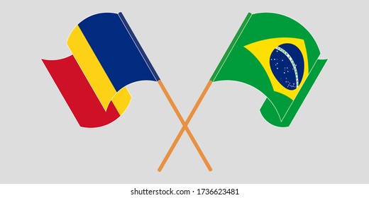 Crossed and waving flags of Romania and Brazil