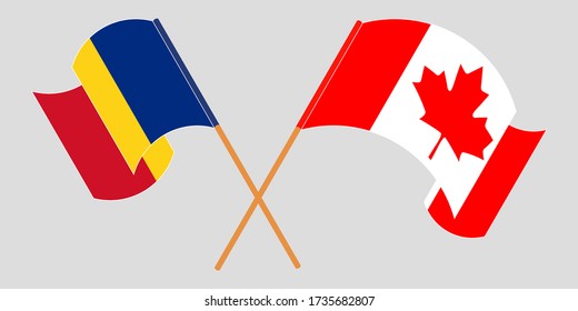 Banderas cruzadas y ondeando banderas de Rumania y Canadá