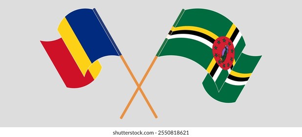 Banderas cruzadas y ondeando de Rumania y Dominica. Ilustración vectorial.
