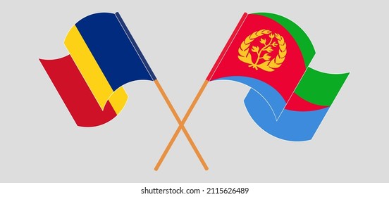 Crossed and waving flags of Romania and Eritrea. Vector illustration
