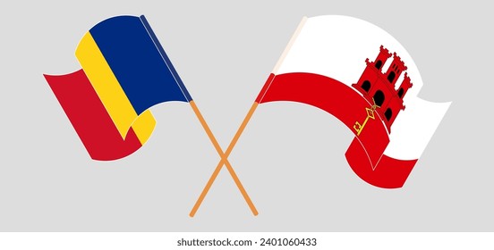 Banderas cruzadas y ondeando banderas de Rumania y Gibraltar. Ilustración del vector
