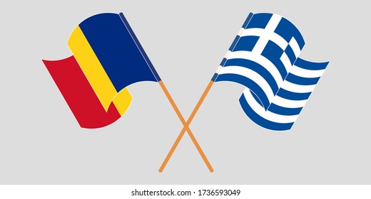 Crossed and waving flags of Romania and Greece