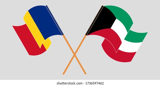 Banderas cruzadas y ondeando banderas de Rumania y Kuwait