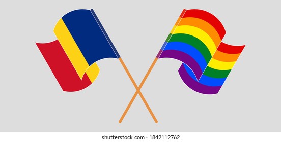Crossed and waving flags of Romania and LGBTQ