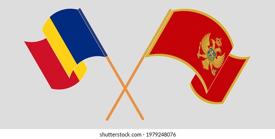 Crossed and waving flags of Romania and Montenegro