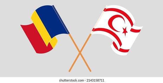 Crossed and waving flags of Romania and Northern Cyprus. Vector illustration
