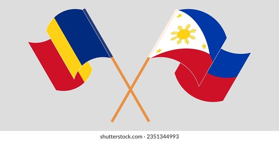 Crossed and waving flags of Romania and the Philippines. Vector illustration
