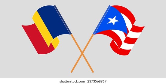 Crossed and waving flags of Romania and Puerto Rico. Vector illustration
