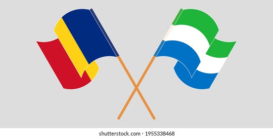 Crossed and waving flags of Romania and Sierra Leone