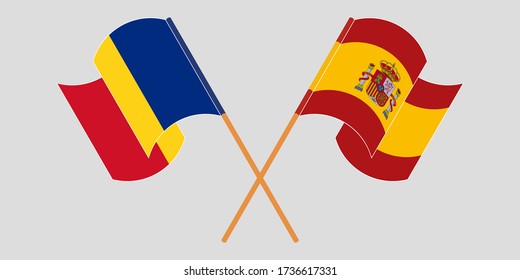 Banderas cruzadas y ondeando banderas de Rumania y España