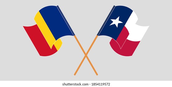 Crossed and waving flags of Romania and the State of Texas