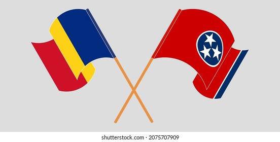 Crossed and waving flags of Romania and The State of Tennessee. Vector illustration
