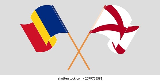 Crossed and waving flags of Romania and The State of Alabama. Vector illustration
